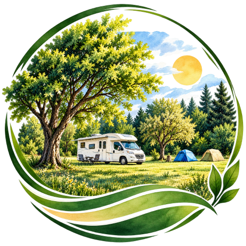 Logo illustré du Kaolin avec un camping-car blanc, deux tentes, un grand arbre et un paysage verdoyant.