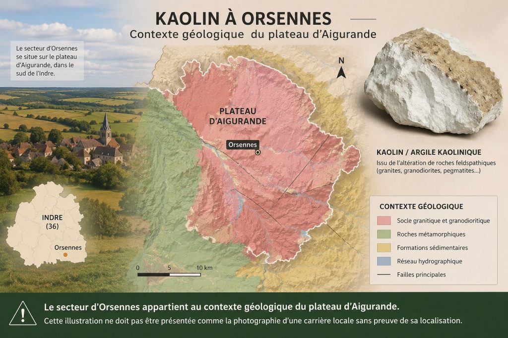 Illustration du contexte géologique du plateau d'Aigurande autour d'Orsennes, expliquant la présence potentielle de formations kaoliniques dans le sud de l'Indre.