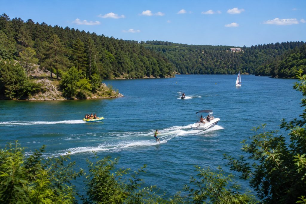 Pratiquants de ski nautique, wakeboard et bouée tractée sur le lac d'Éguzon dans la Creuse